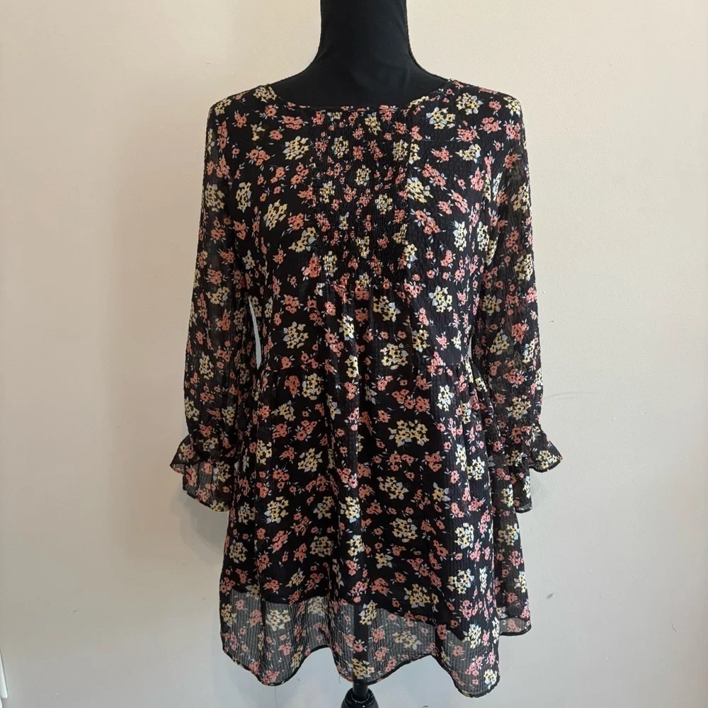 Free People Black Comb Ditsy Floral 3/4 Sleeve Ruched Babydoll Mini Dress Tunic